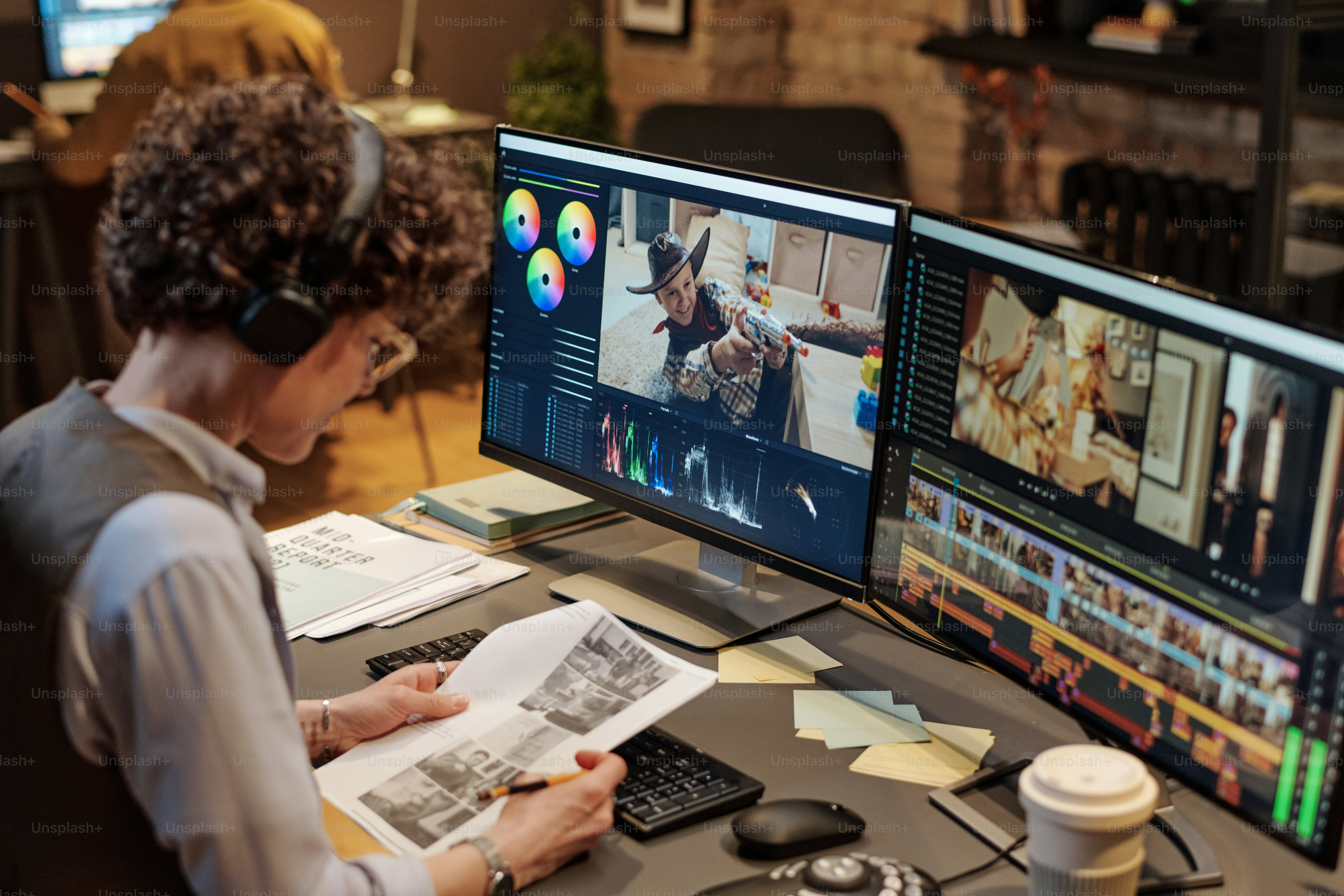 Young female editor examining script while working at table on computer with big display