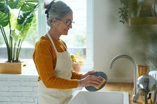 Mulher sênior bonita que lava pratos na cozinha doméstica