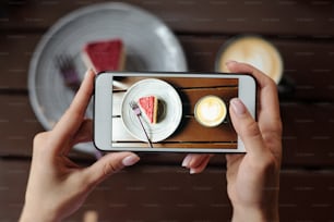 Mains d’une jeune femme avec smartphone prenant en photo un morceau savoureux gâteau au fromage sur soucoupe servi avec un cappuccino dans un café