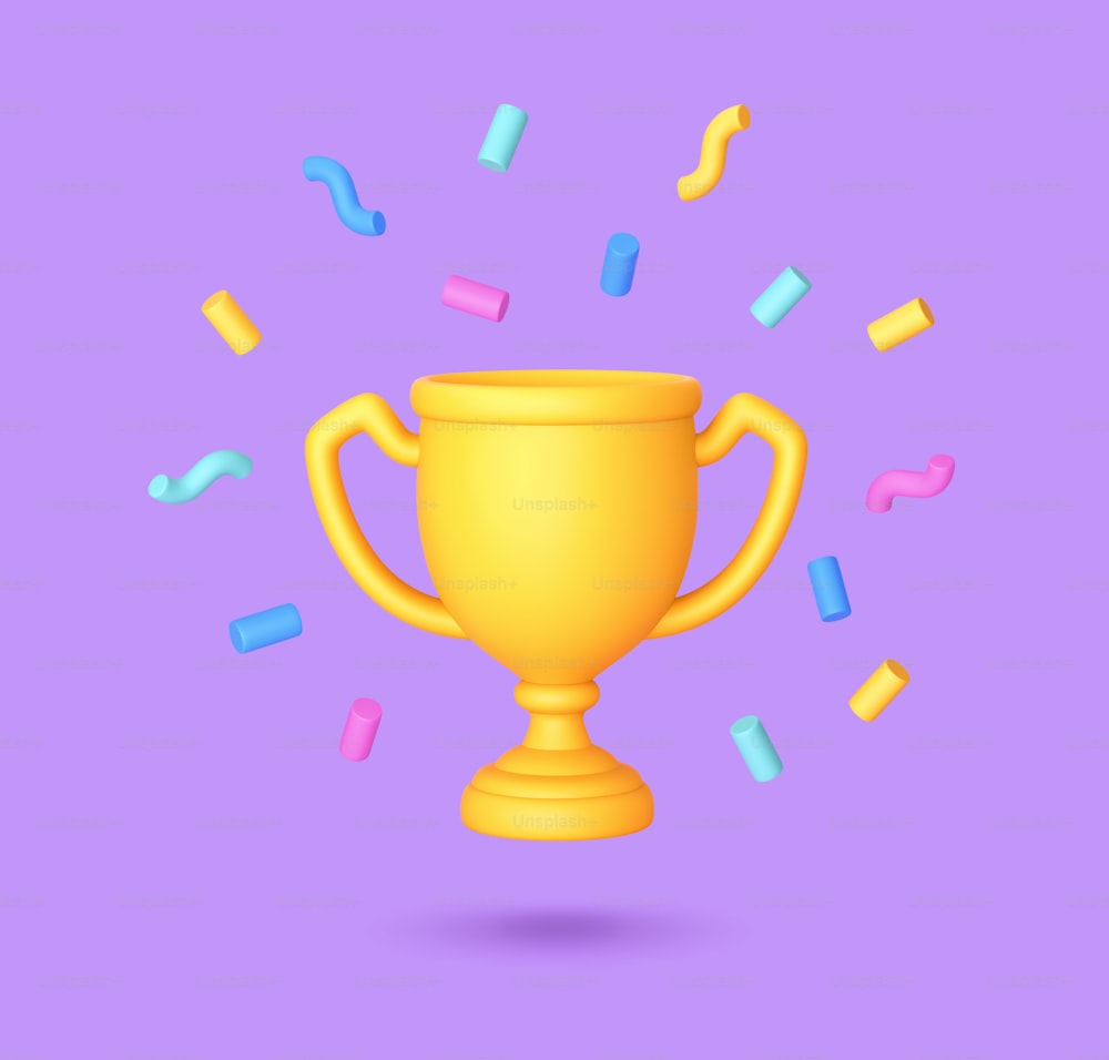 Winners trophy icon. Champion cup with falling confetti isolated on purple background. 3D rendering