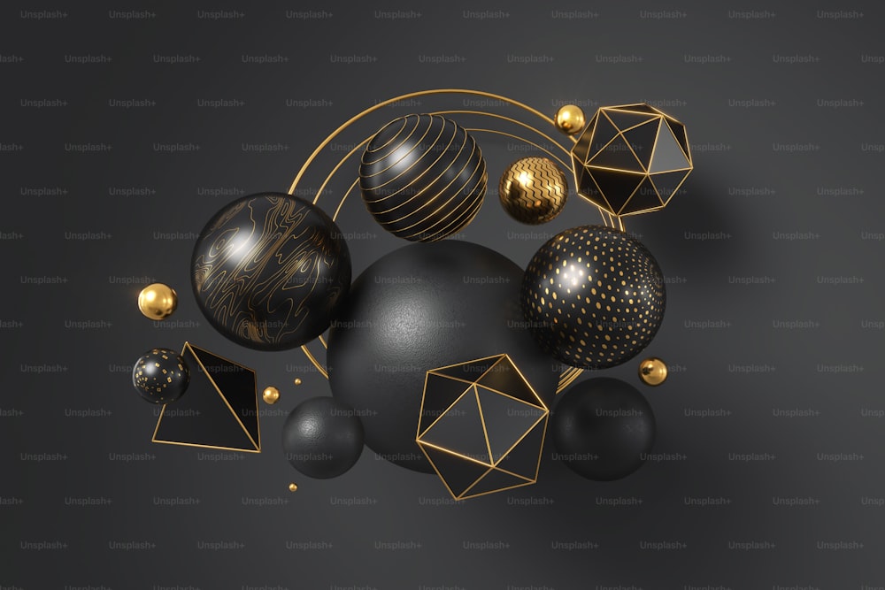 Fondo de geometría abstracta negra y dorada, renderizado 3D.