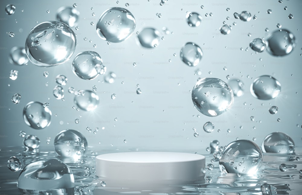 Scena 3D di acqua blu e bolle liquide con podio per l'esposizione di prodotti cosmetici. Rendering 3D.