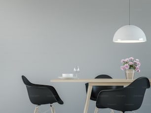 Modern dining room interior with black & white 3d rendering image.There are minimalist style ,Empty grey wall,black chair and wood desk