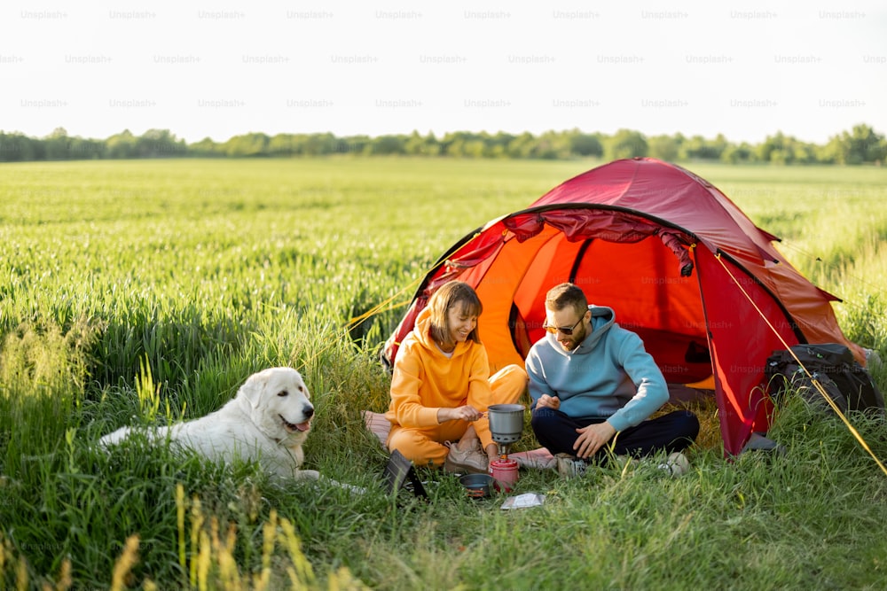 Young couple have a picnic near the tent, while traveling with dog on nature. Man and woman spending summer time with pet camping on greenfield on summer evening