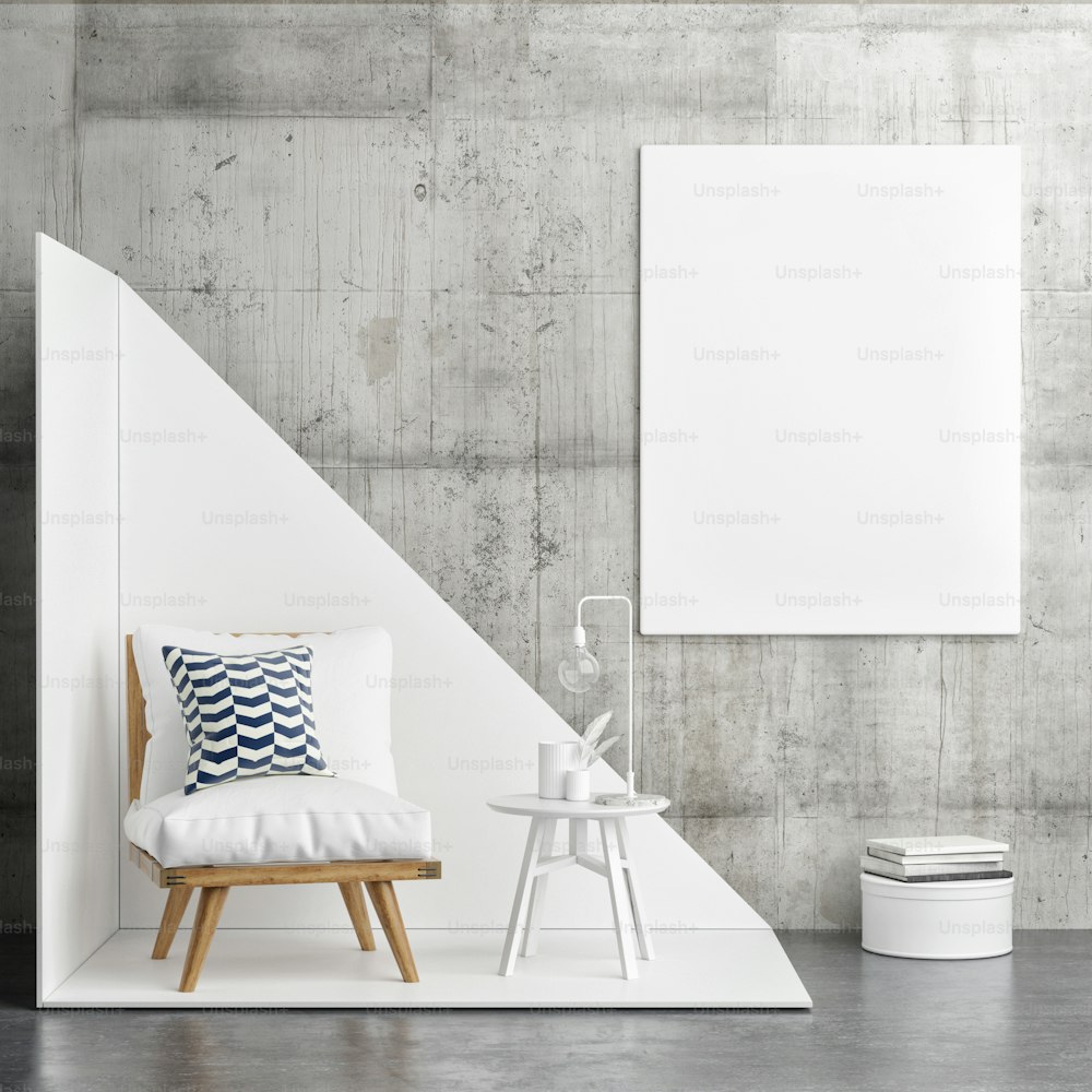 Hipster corner with white poster, interior concept, 3d illustration