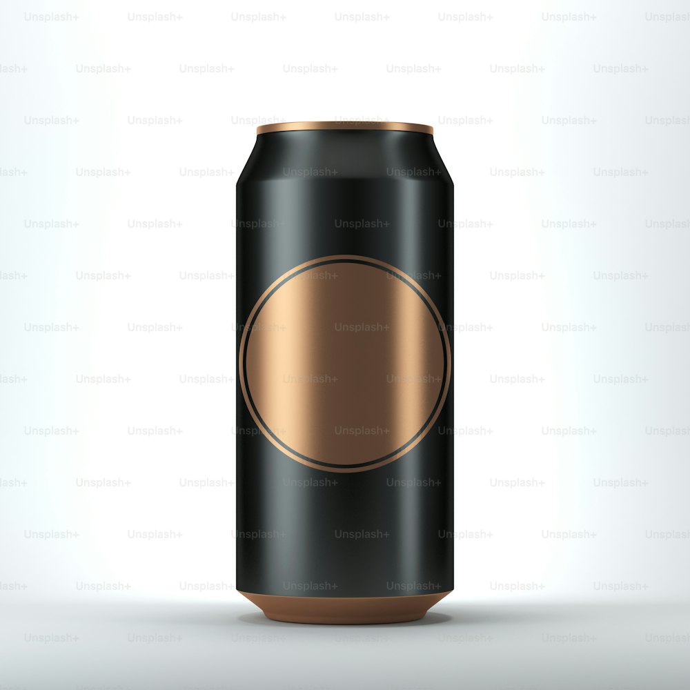 Maquette de canette en aluminium noir pour la bière et les boissons avec étiquette d’or. Rendu 3D