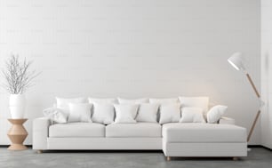 Image de rendu 3D de salon de style minimal. Il y a un sol en béton, décorer le mur avec un treillis de bois blanc et fini avec un canapé en tissu blanc.