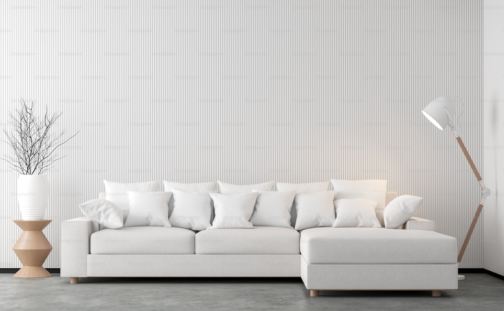 Immagine di rendering 3d del soggiorno in stile minimale. Ci sono pavimento in cemento, decorare la parete con reticolo di legno bianco e rifinito con divano in tessuto bianco.