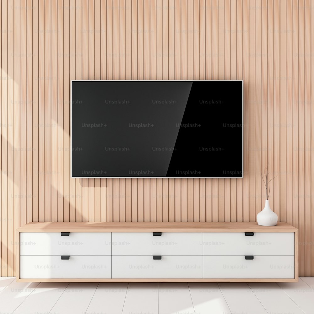 Maqueta de Smart Tv colgada en la pared de madera, sala de estar. Renderizado 3D