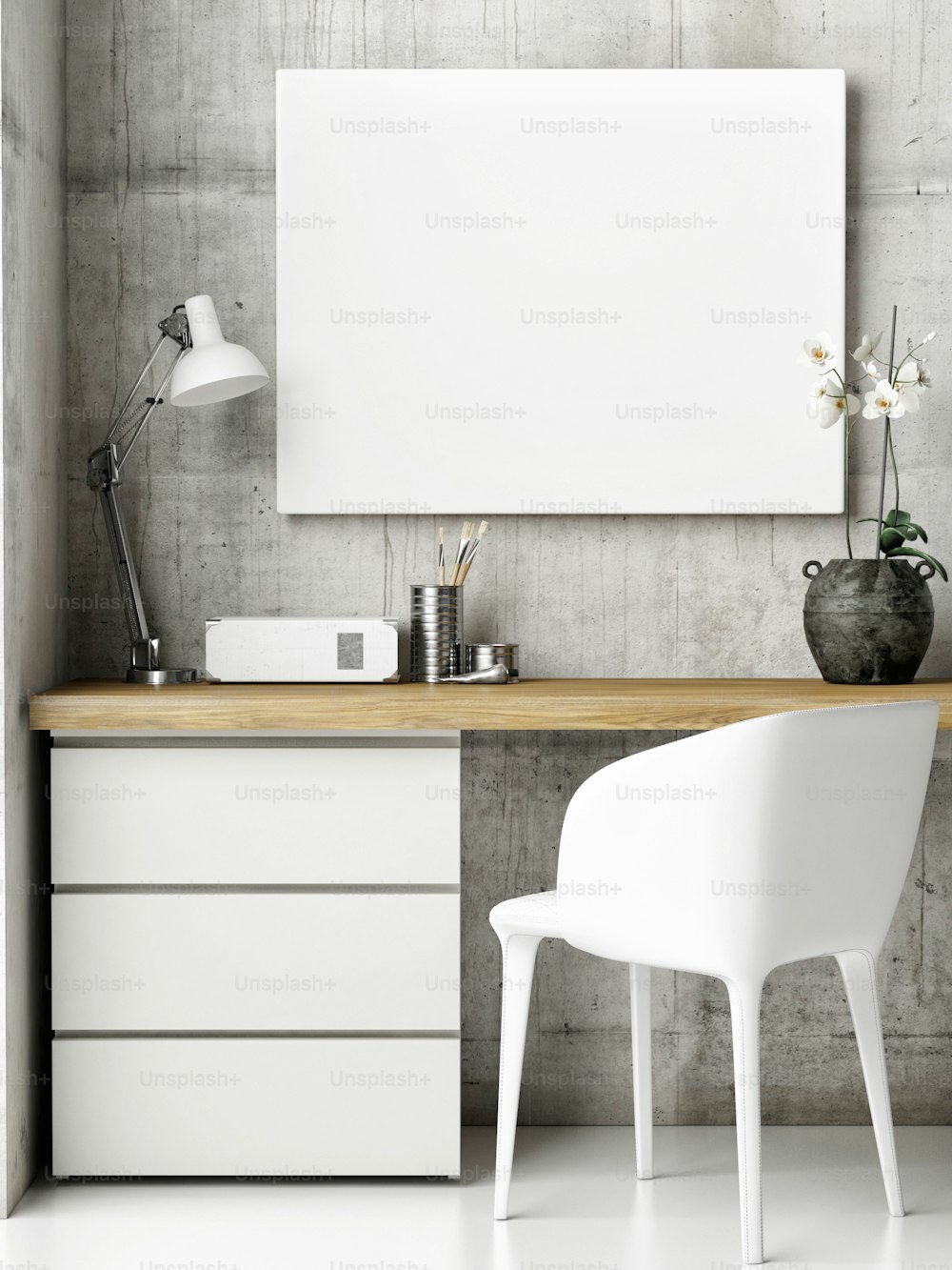 힙스터 사무실에 포스터를 올리고, 복고풍 장식 스타일의 나무 책상, 3d 렌더링, 3d 그림