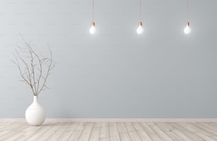 Fondo interior de habitación vacía, jarrón blanco con rama en el suelo de madera y bombillas ober pared azul renderizado 3D