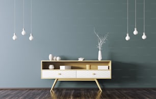 Interni moderni del soggiorno con credenza in legno e lampadine su parete blu 3d rendering