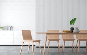 Imagen de renderizado 3D de comedor de estilo minimalista. Hay piso de concreto, decorar la pared con celosía de madera blanca y acabado con muebles de madera.