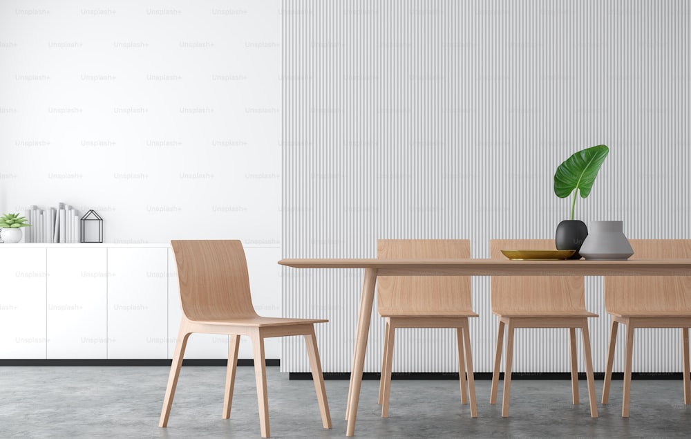 Imagem de renderização 3D de sala de jantar de estilo minimalista. Há piso de concreto, decorar a parede com treliça de madeira branca e acabamento com móveis de madeira.