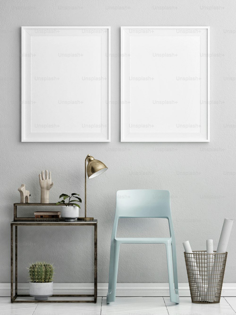 レトロな家具を持つ2つのモックアップポスター、北欧のインテリアデザイン、3Dイラスト