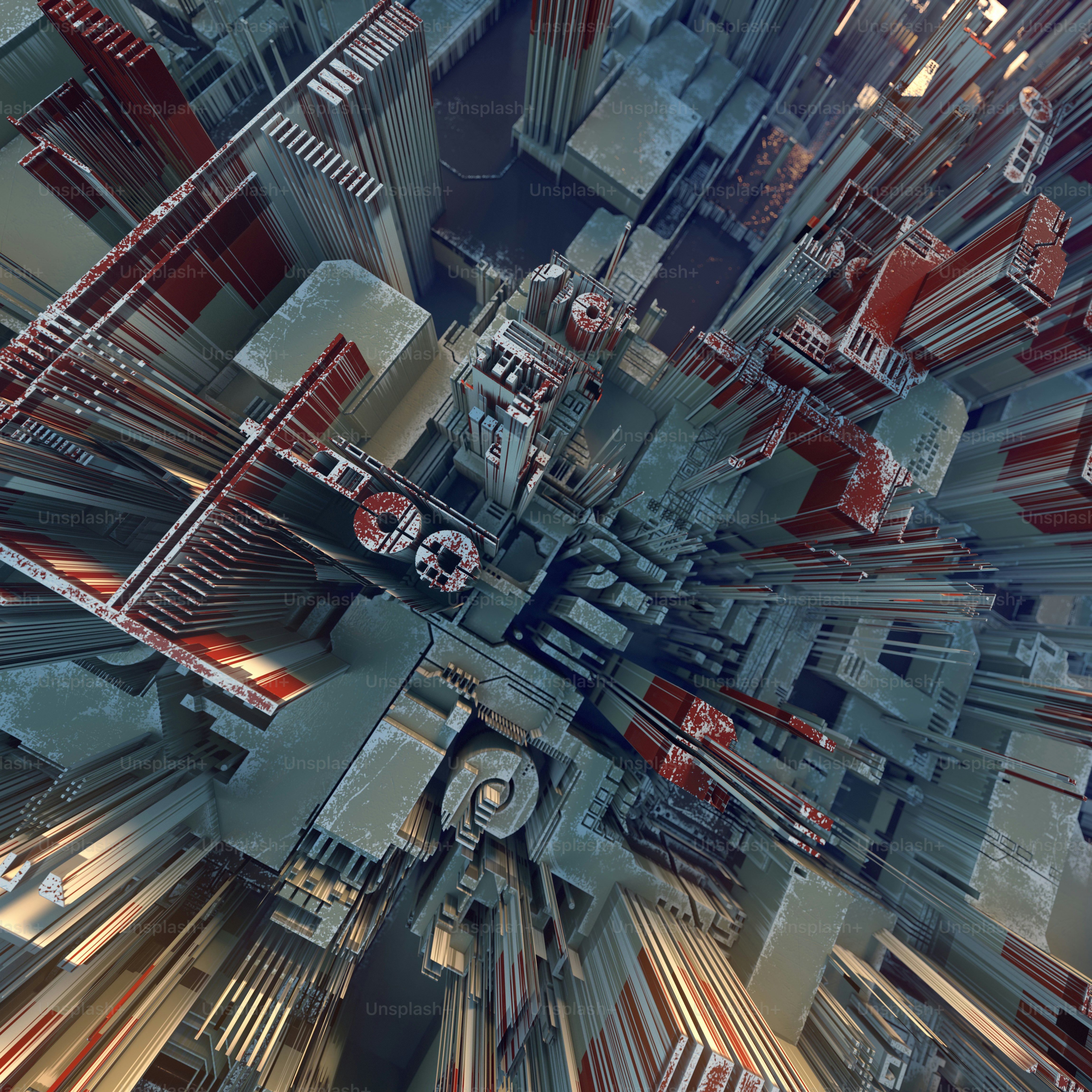 Motivo geometrico futuristico hi-tech colorato. Paesaggio urbano astratto. Illustrazione 3D