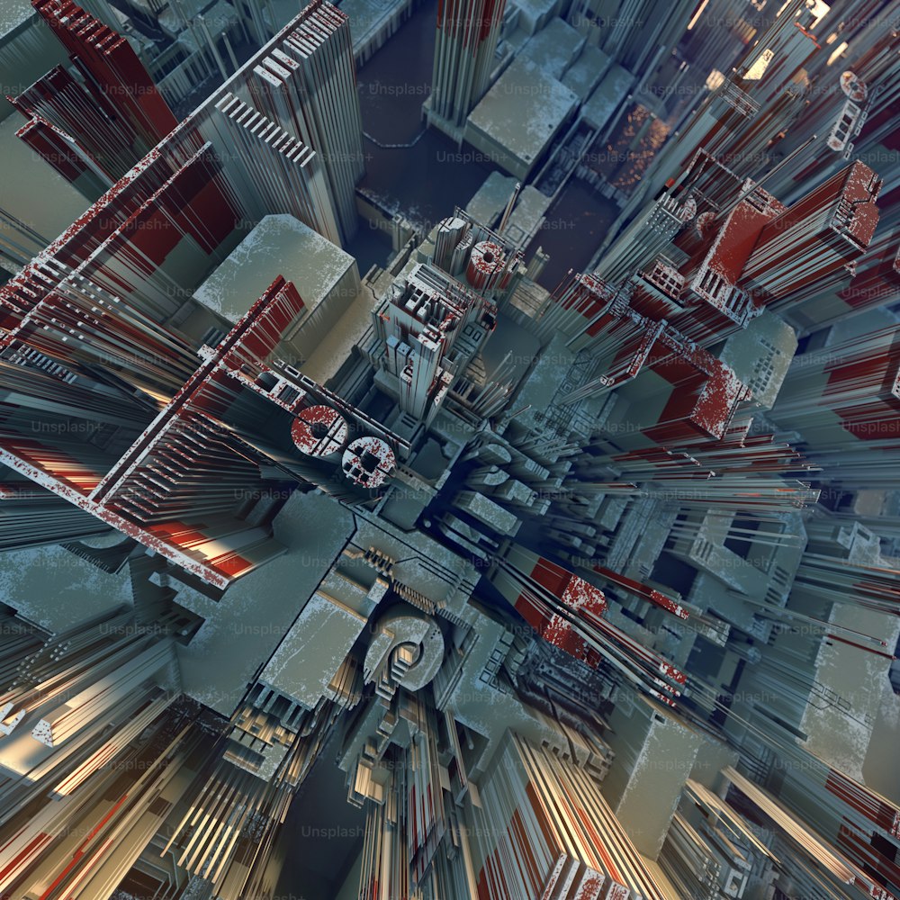 Colored hi-tech futuristic geometric pattern. Abstract urban landscape. 3d illustration
