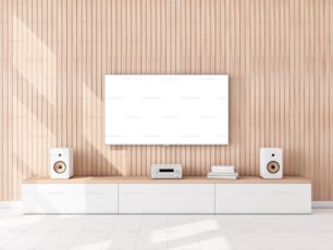 Smart Tv Set Mockup with white screen hanging on the wooden wall, hi fi stereo system on stand in living room. 3d rendering