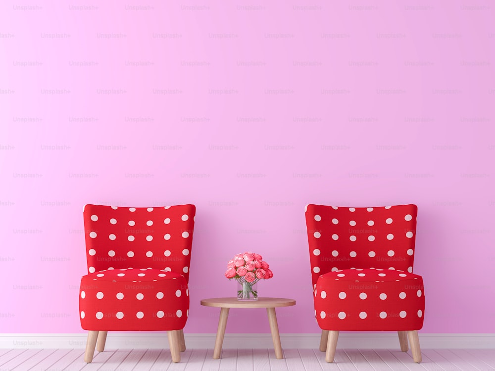 バレンタインテーマのリビングルームの3Dレンダリング画像。ミニマリストスタイルの画像、ピンクの空の壁、赤い家具があります