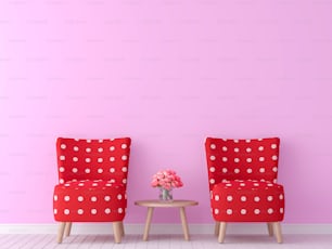 バレンタインテーマのリビングルームの3Dレンダリング画像。ミニマリストスタイルの画像、ピンクの空の壁、赤い家具があります