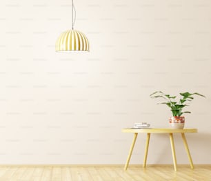 Interno del soggiorno con tavolino rotondo in legno e lampada rendering 3d