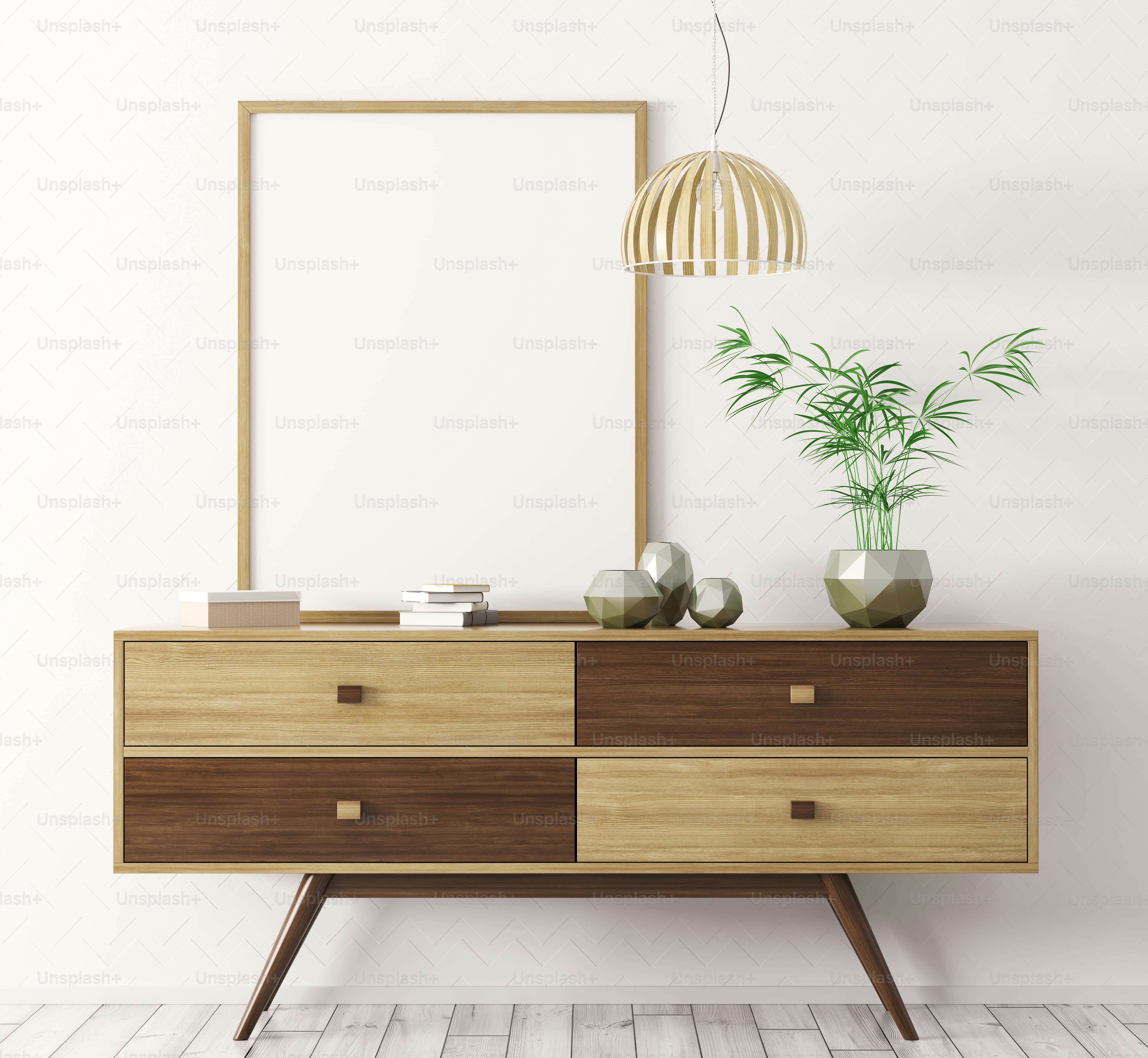 Interior of living room with wooden sideboard and blank mock up poster frame 3d rendering