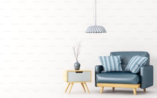 Innenarchitektur des Wohnzimmers mit hölzernem Beistelltisch, Lampe und blauem Ledersessel über weißem 3D-Rendering