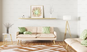 ソファ、棚、敷物、フロアランプ3Dレンダリングを備えたリビングルームのモダンなインテリアデザイン