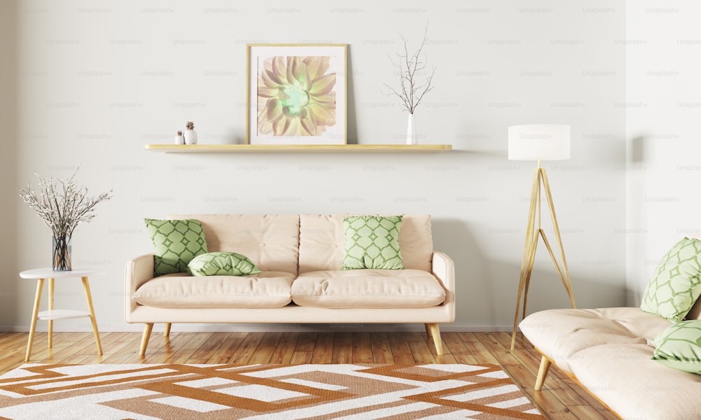 Moderne Innenarchitektur des Wohnzimmers mit Sofa, Regal, Teppich und Stehlampe 3D-Rendering