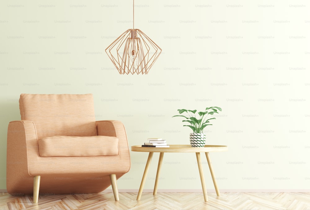 Interno del soggiorno con tavolino in legno, lampada e poltrona rendering 3d