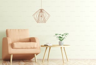 Intérieur du salon avec table basse en bois, lampe et fauteuil rendu 3d