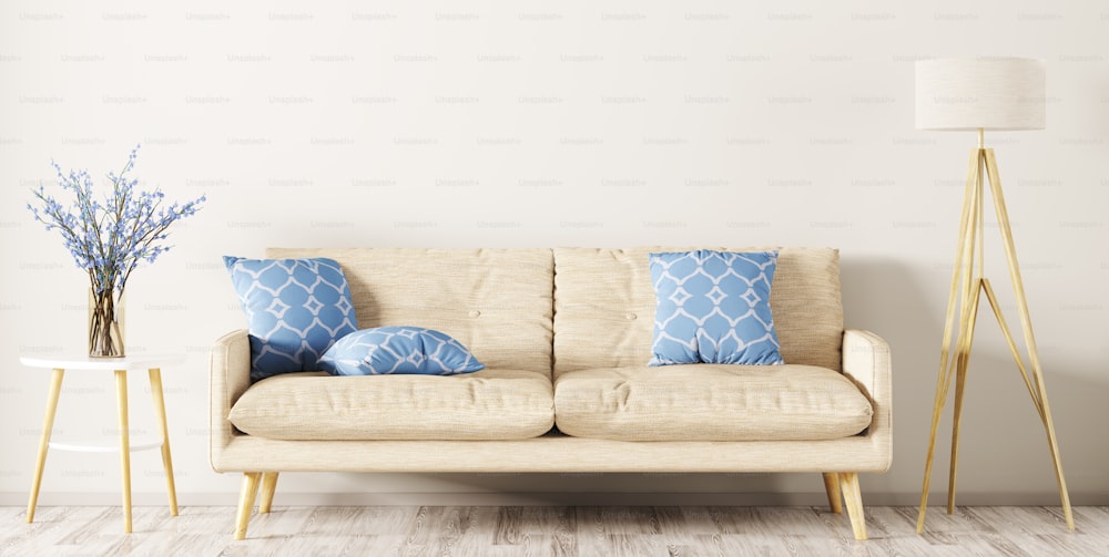 Diseño interior moderno de sala de estar con sofá beige, lámpara de pie y jarrón con ramas de flores Representación 3D