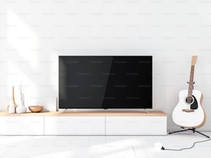 Modern Smart Tv Mockup with blank black screen standing on console, modern living room with acoustic guitar. 3d rendering