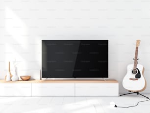 Maqueta moderna de Smart Tv con pantalla negra en blanco de pie en la consola, sala de estar moderna con guitarra acústica. Renderizado 3D