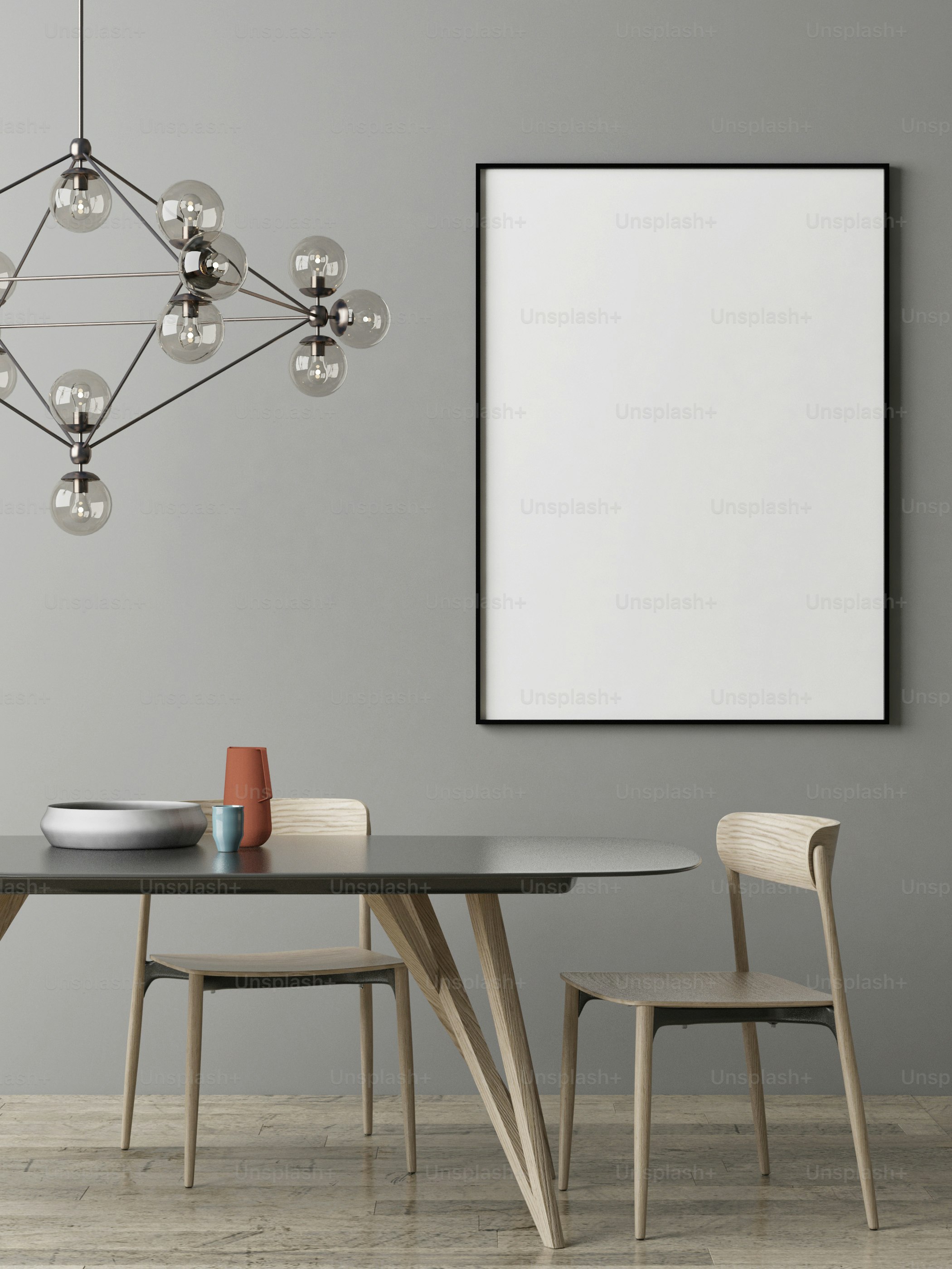 Mock up poster, sala da pranzo Design scandinavo, rendering 3d, illustrazione 3d