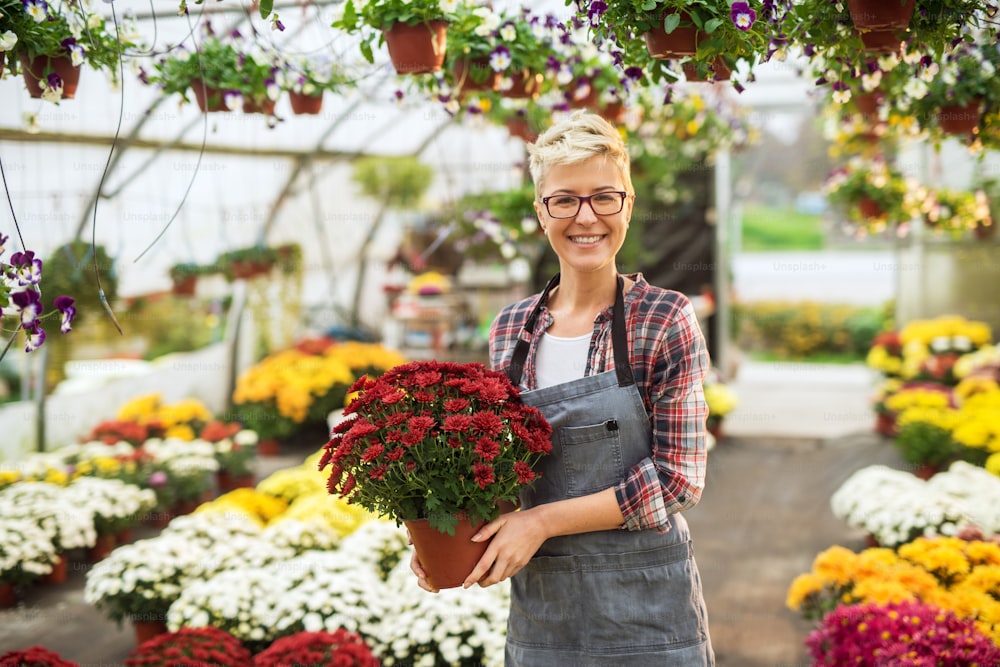 花市場に立っている間に植木鉢と赤い花でポーズをとる愛らしい魅力的な幸せな短い髪の金髪の女性。