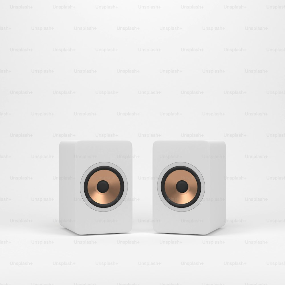 Two wooden white speakers with golden speaker driver. 3d rendering