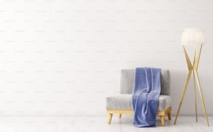 Intérieur du salon avec fauteuil velours gris, plaid bleu et lampadaire en bois sur rendu 3D mural blanc