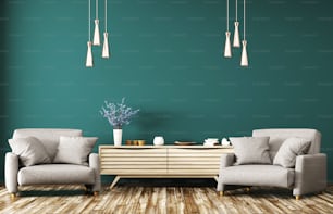 Interni moderni del soggiorno con cassettiera in legno e due poltrone grigie rendering 3d