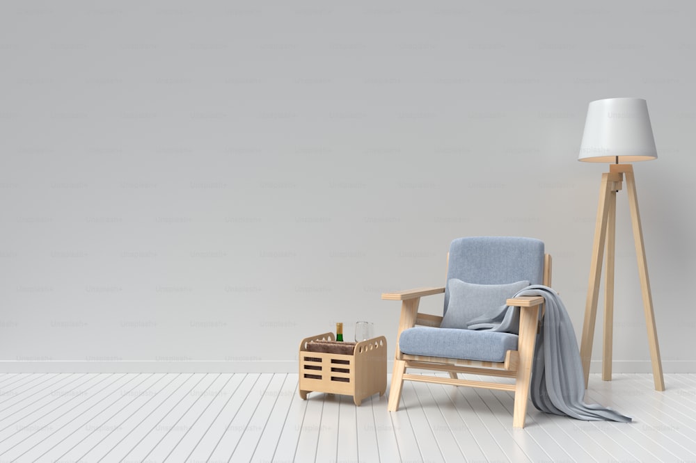 The interior has a sofa and lamp on empty white wall background,3D rendering