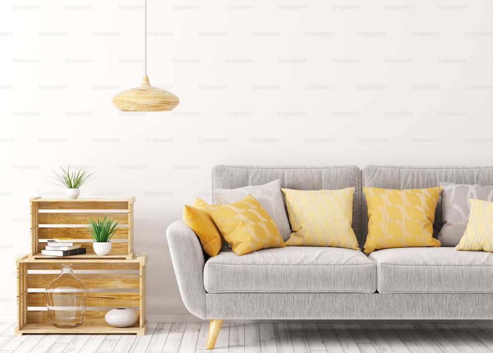 Diseño interior moderno de sala de estar con sofá gris sobre pared blanca 3D renderizado