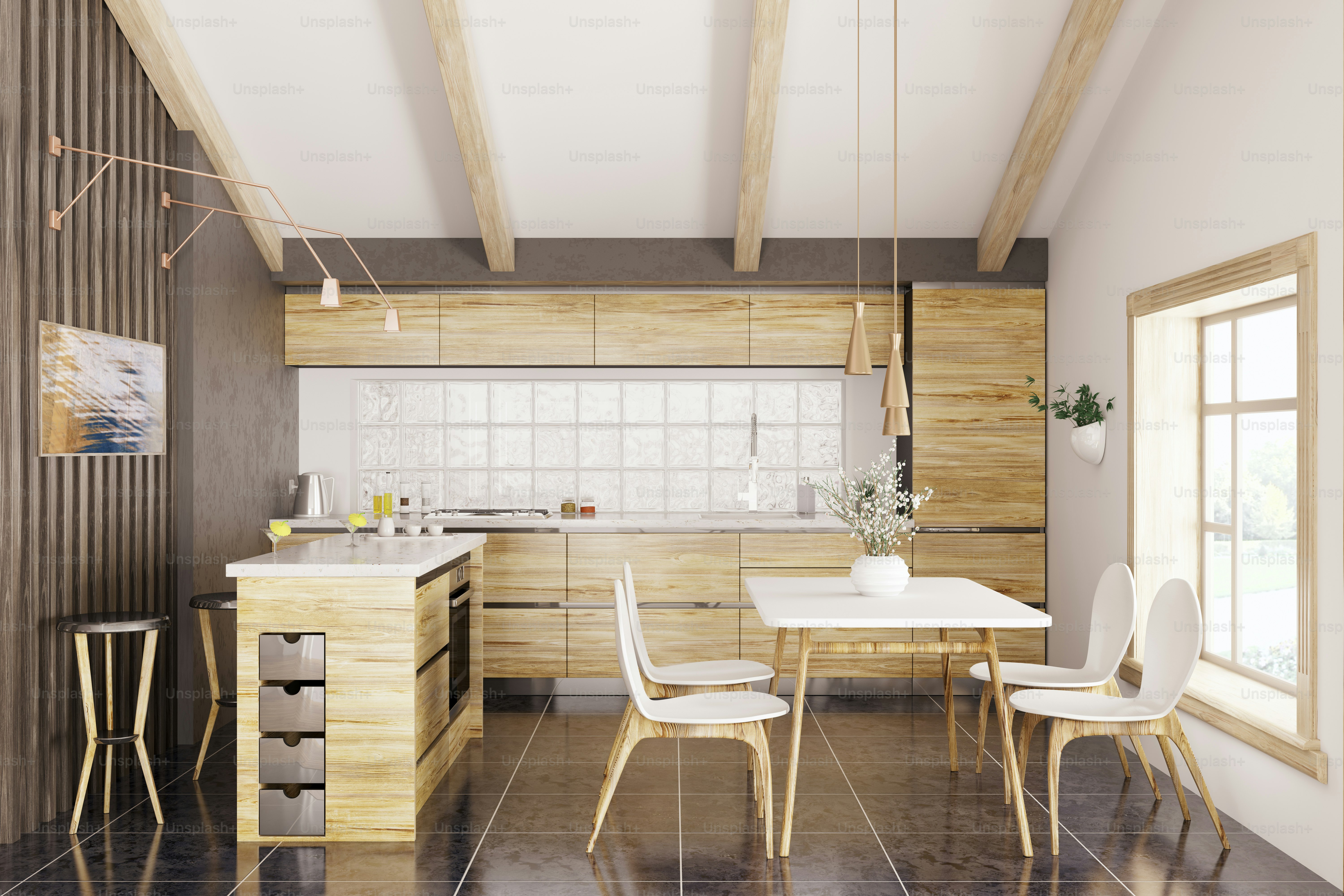 Modern kitchen with white granite counter, window,table and chairs interior 3d rendering