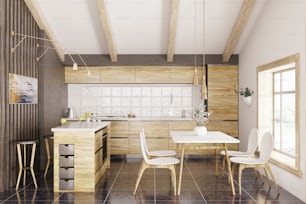 Cozinha moderna com balcão de granito branco, janela, mesa e cadeiras interior renderização 3d