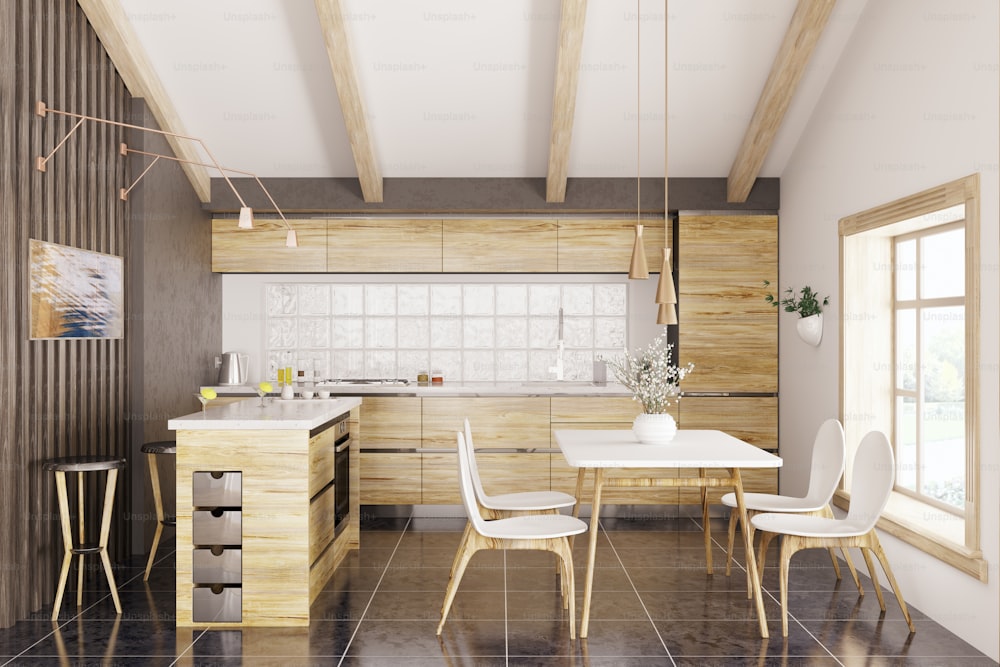Cocina moderna con encimera de granito blanco, ventana, mesa y sillas interior 3D renderizado