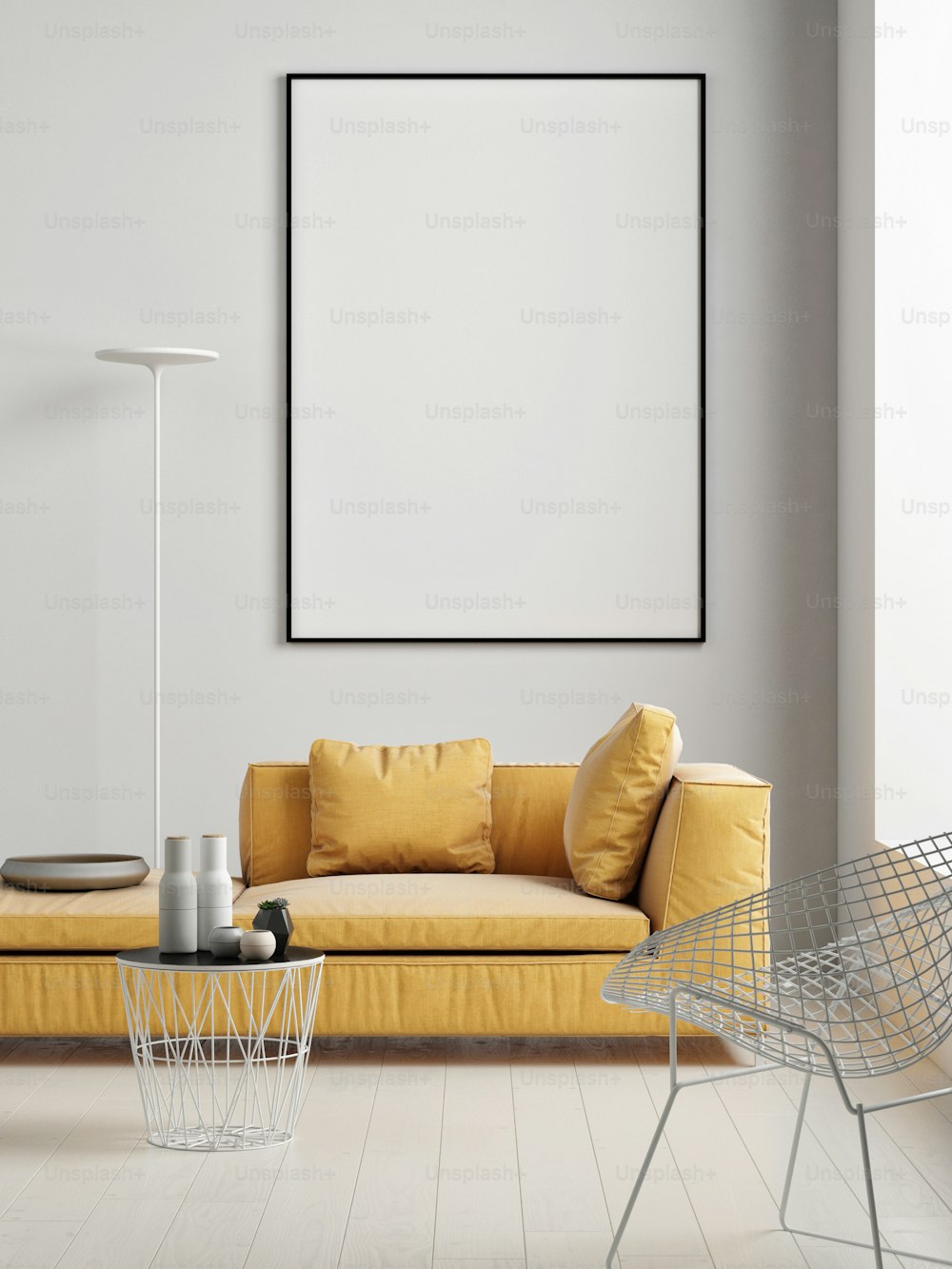 Mock-up-Poster mit gelbem Sofa, skandinavisches Wohnzimmer, 3D-Rendering, 3D-Illustration