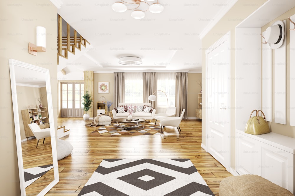 Interior of modern entrance hall, living room in house 3d rendering