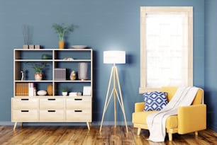 Interior moderno de la sala de estar con gabinete de madera y sillón amarillo 3d renderizado