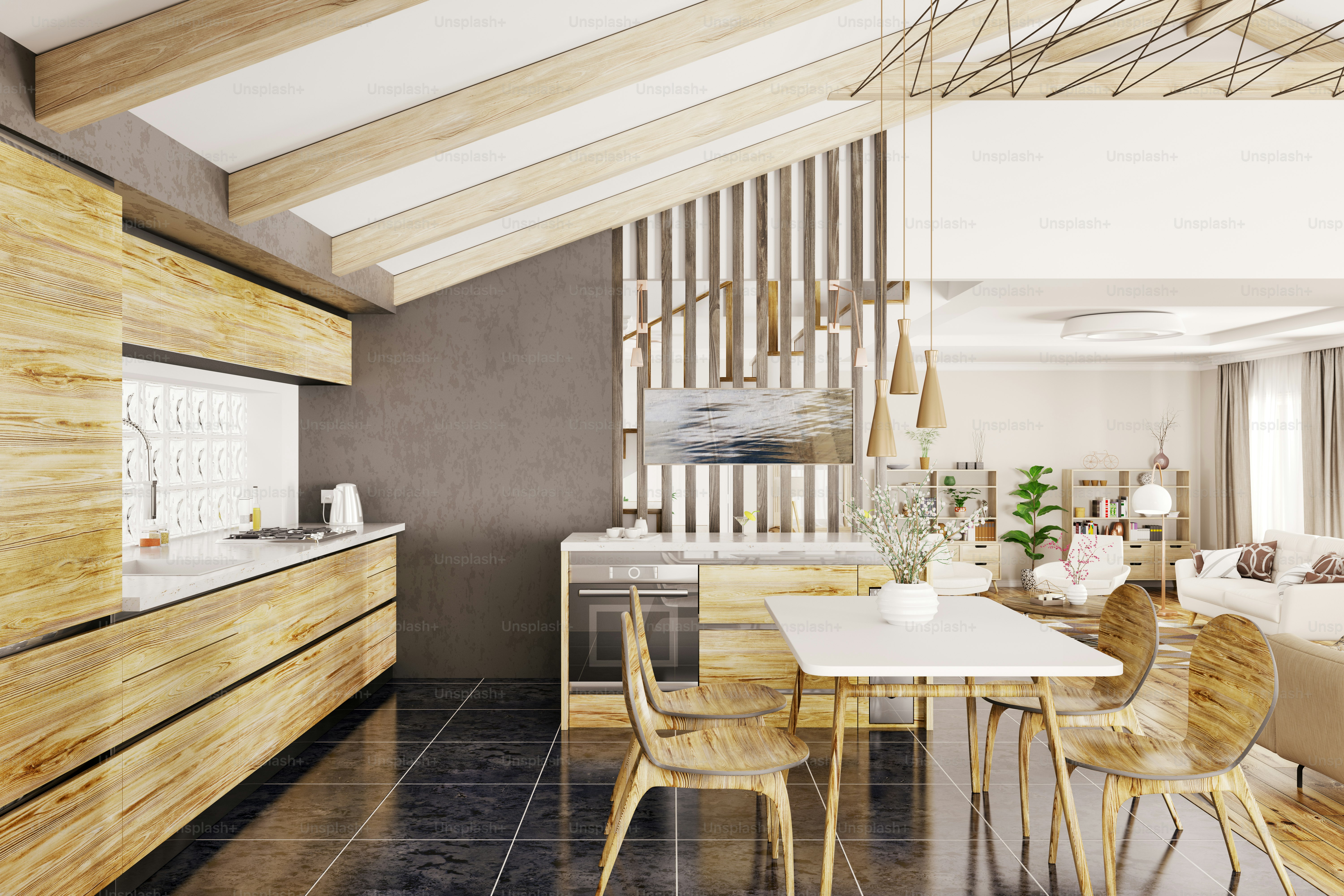 Interior design of modern wooden kitchen in house 3d rendering