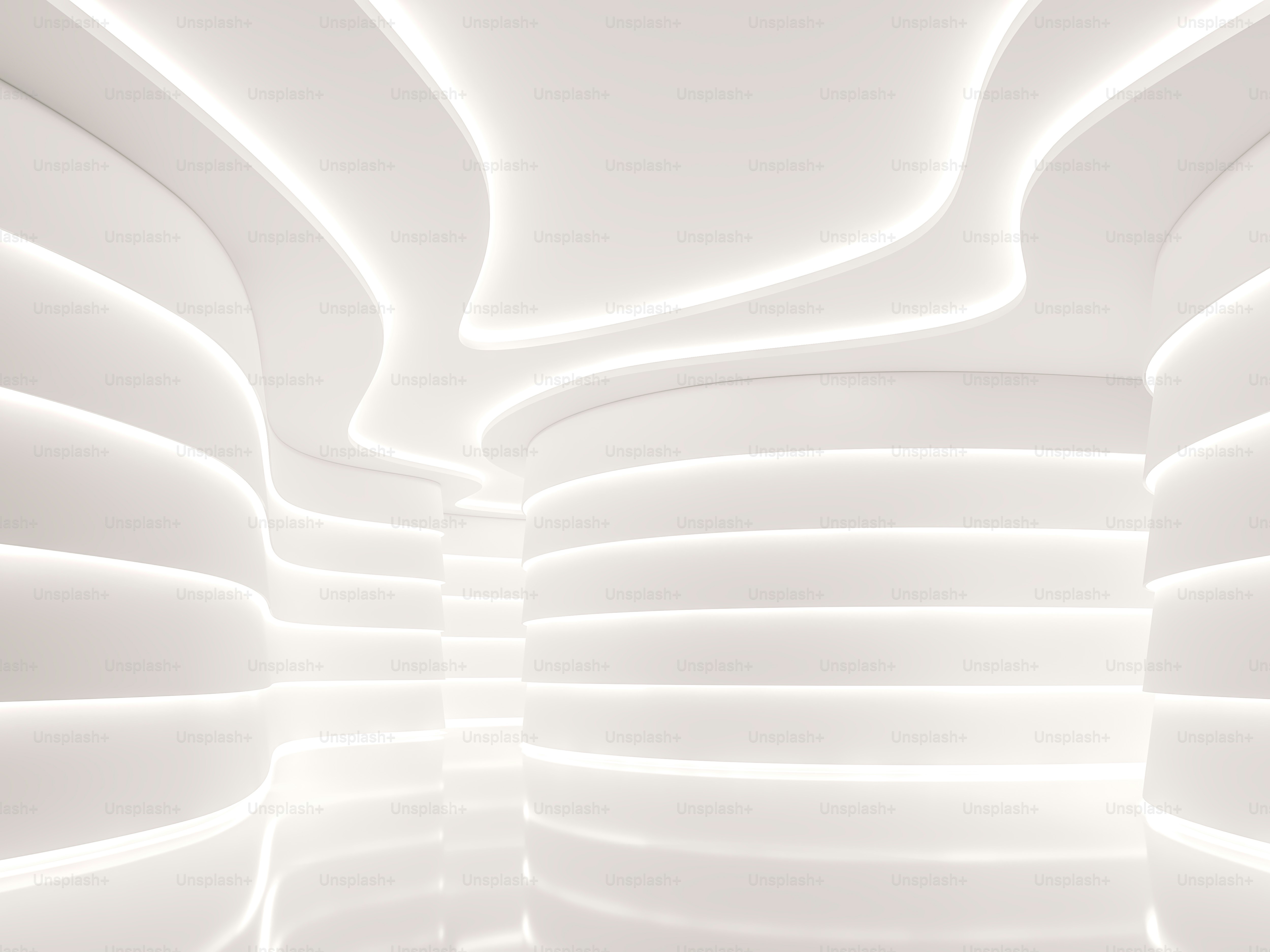 Moderno spazio bianco interno 3d rendering, ci sono pareti curve decorate con luce nascosta
