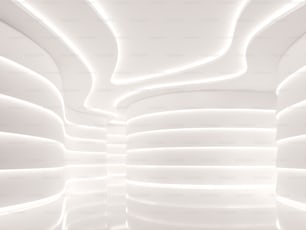Moderno espacio blanco interior 3d render, hay paredes curvas decoradas con luz oculta.